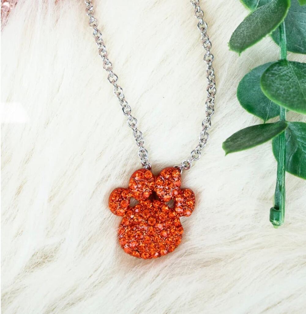 Orange Paw Crystal Silver Necklace Cincinnati Bengals